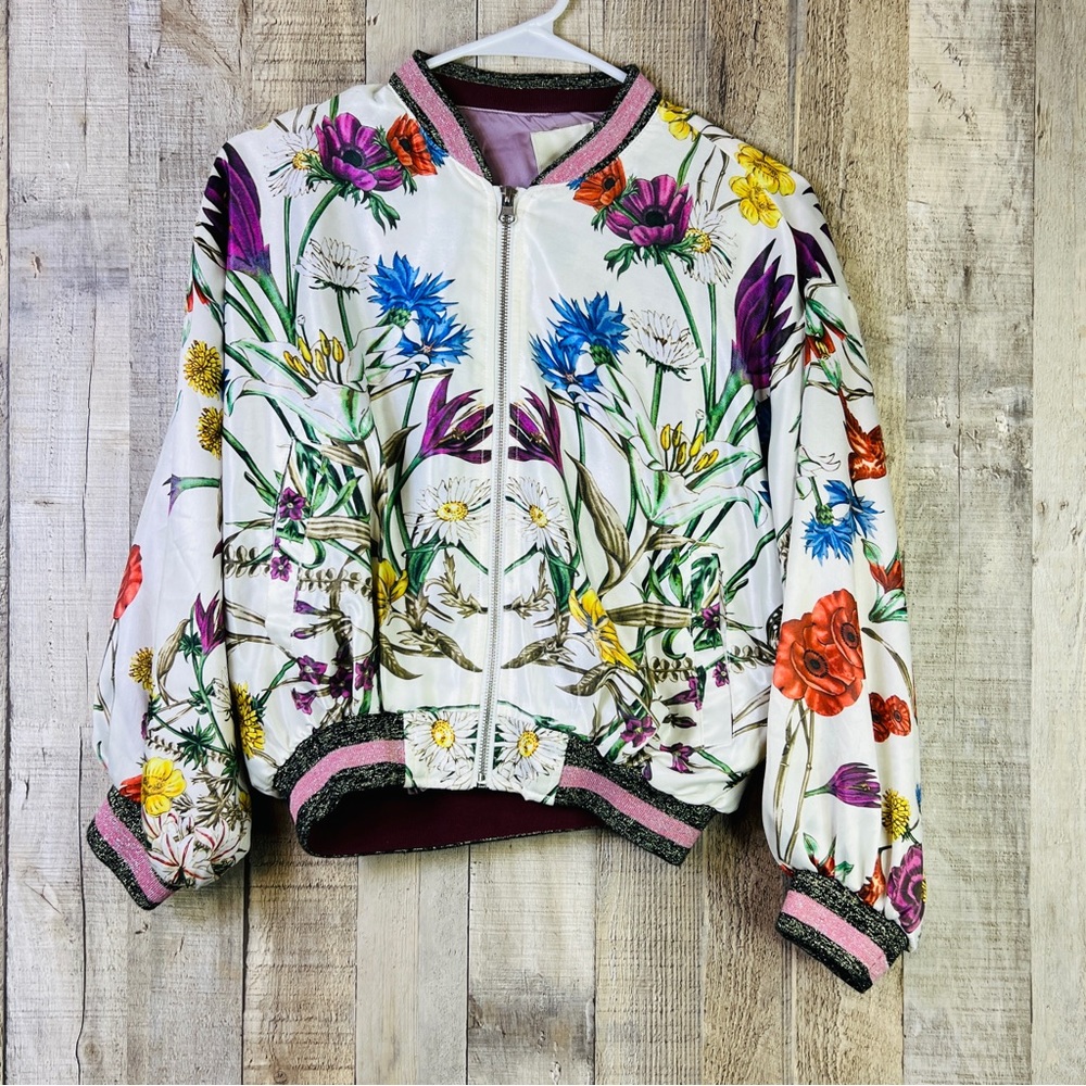 Elevenses Small Lined Floral Zip Front Jacket w/Pockets & Hem & Cuff Elasticized